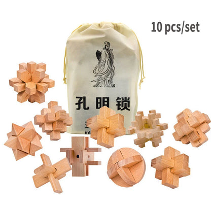 Handcrafted wooden Kong Ming puzzle set – 10 mini IQ locks