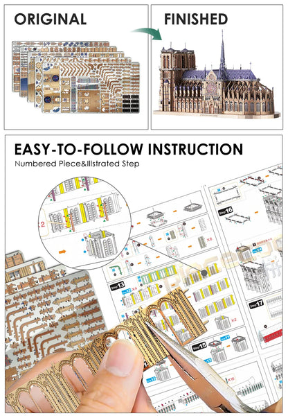Piececool 3D metal puzzle of Notre Dame Cathedral Paris, DIY assembly for ages 14+.