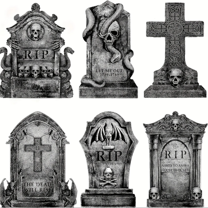 Spooky Halloween scene featuring eerie tombstones in a dark, foggy graveyard setting