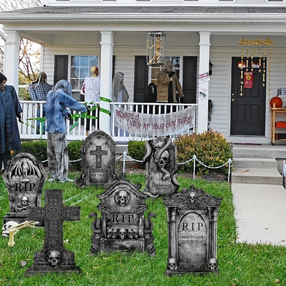 Spooky Halloween scene featuring eerie tombstones in a dark, foggy graveyard setting