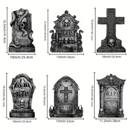 Spooky Halloween scene featuring eerie tombstones in a dark, foggy graveyard setting