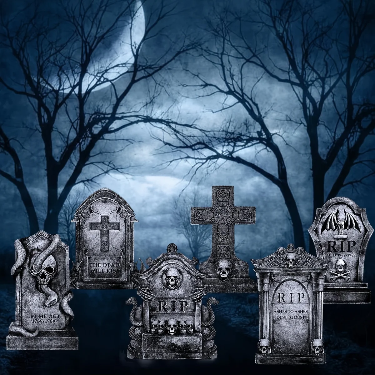 Spooky Halloween scene featuring eerie tombstones in a dark, foggy graveyard setting