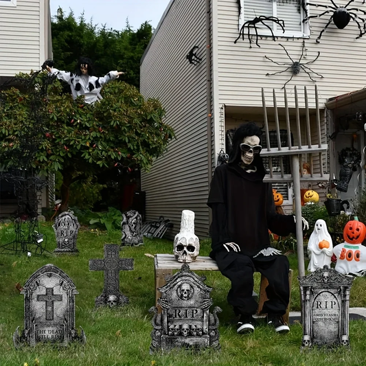 Spooky Halloween scene featuring eerie tombstones in a dark, foggy graveyard setting