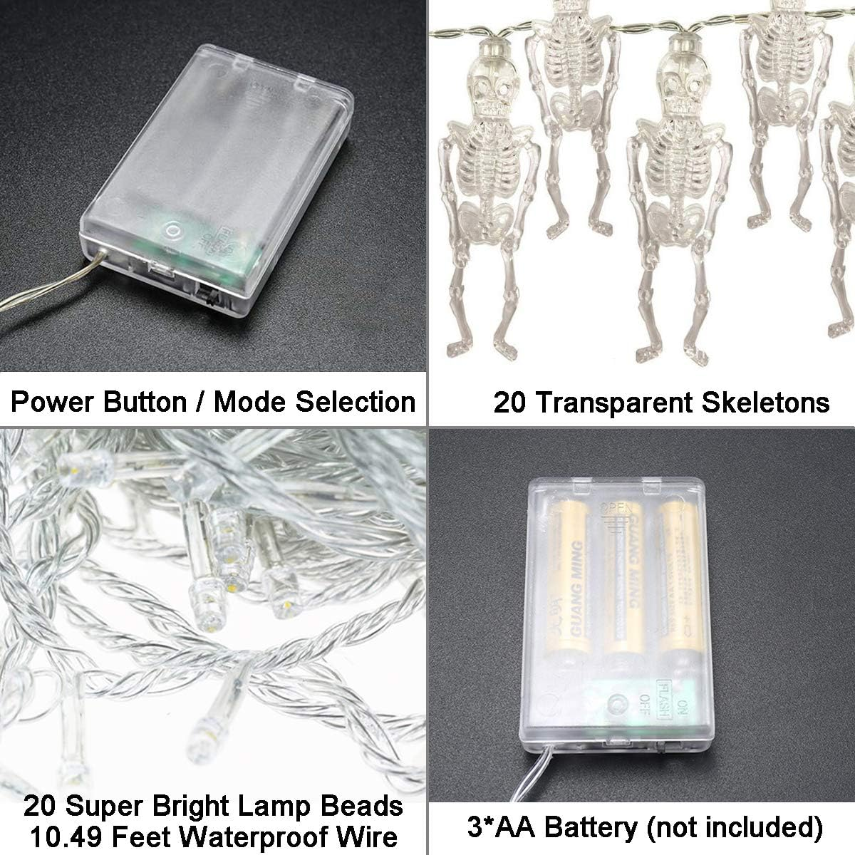 Halloween Skeleton String Lights – 20 LED Battery-Powered Hanging Decorations for Indoor & Outdoor Use