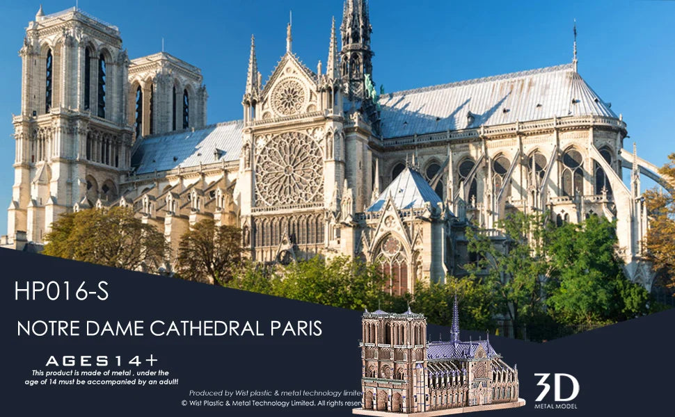Piececool 3D metal puzzle of Notre Dame Cathedral Paris, DIY assembly for ages 14+.