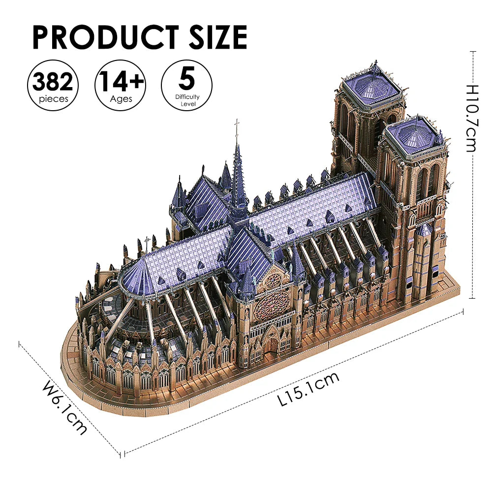 Piececool 3D metal puzzle of Notre Dame Cathedral Paris, DIY assembly for ages 14+.