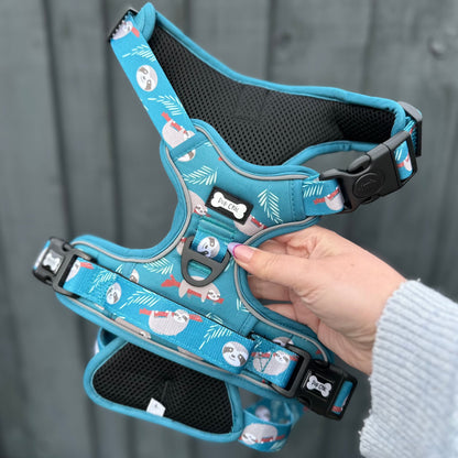 Lazy Sloth tactical dog harness in mint green with sloth print, no‑pull design and top handle