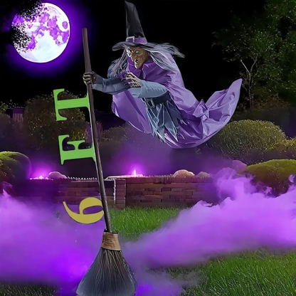 Spooky Halloween witch dressed in classic black attire casting a spell during a moonlit night