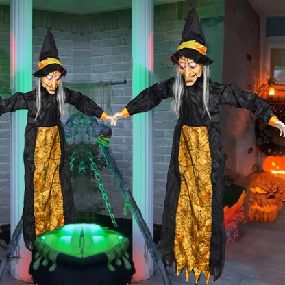 Spooky Halloween witch dressed in classic black attire casting a spell during a moonlit night