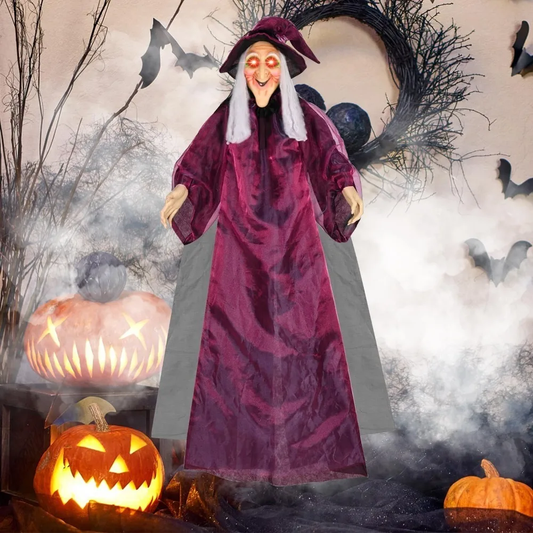 Spooky Halloween witch dressed in classic black attire casting a spell during a moonlit night