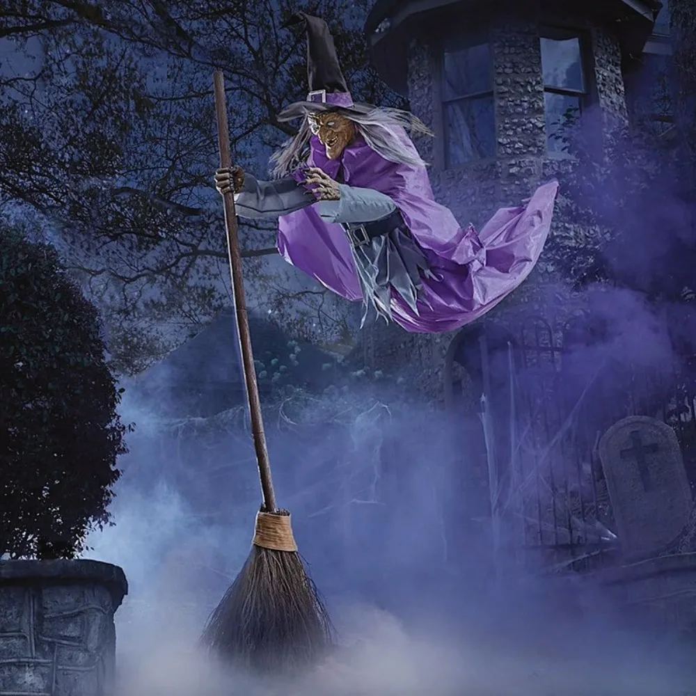 Spooky Halloween witch dressed in classic black attire casting a spell during a moonlit night