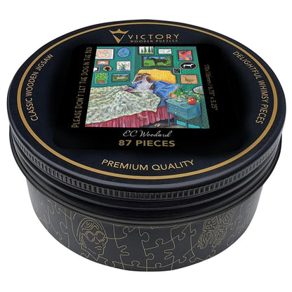 Please Don't Let The Dog In The Bed – Travel Mini Wooden Jigsaw Puzzle, 87 Pieces.