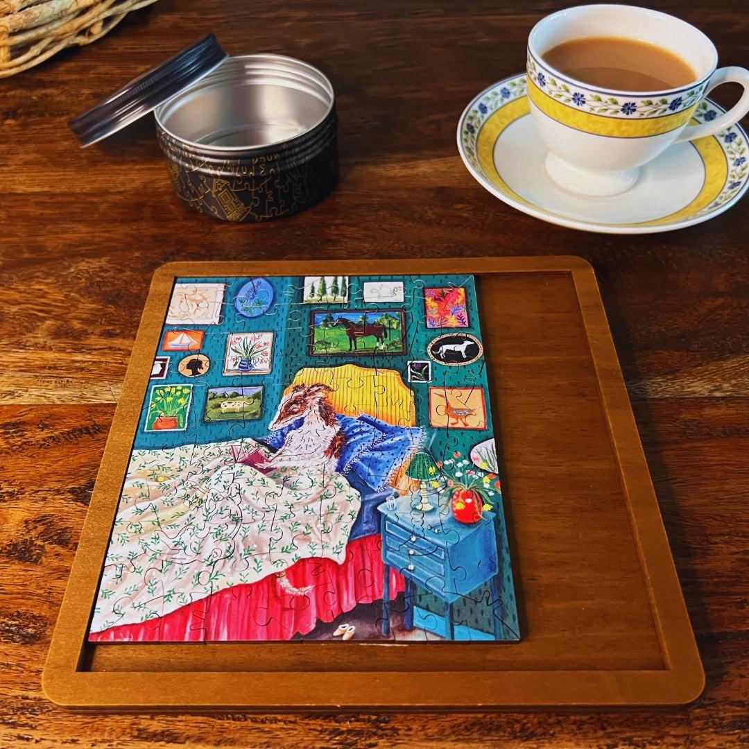 Please Don't Let The Dog In The Bed – Travel Mini Wooden Jigsaw Puzzle, 87 Pieces.