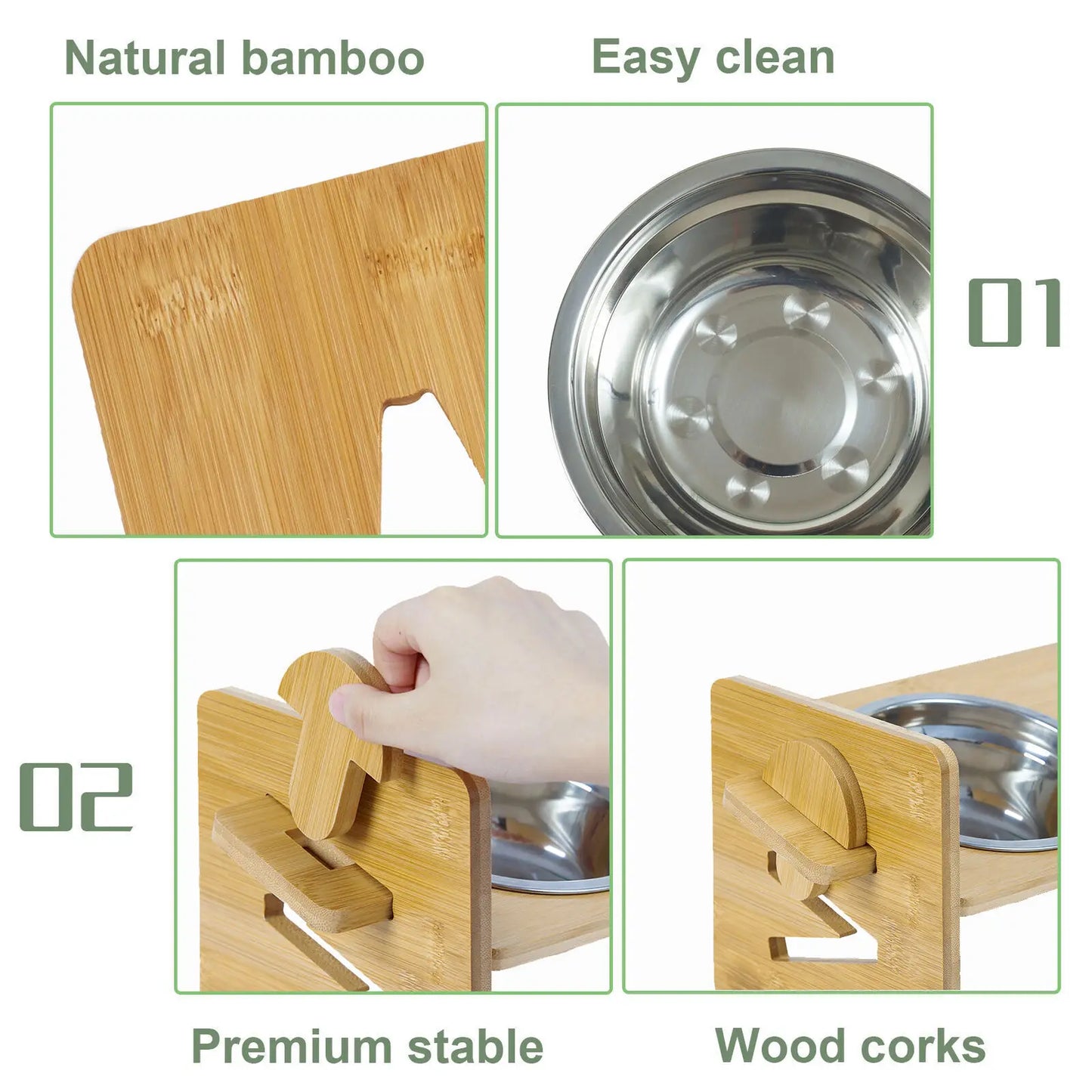 Height‑Adjustable Wooden Raised Cat Bowls – Bamboo Stand with Stainless Steel Dishes.