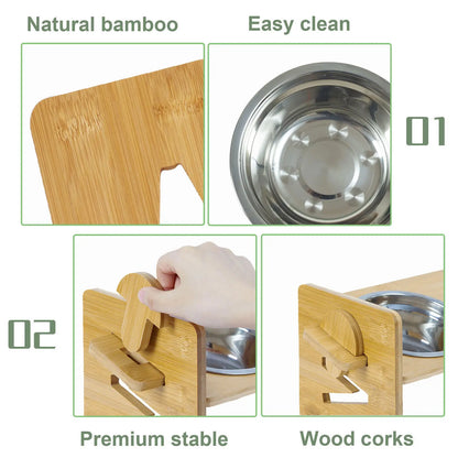Height‑Adjustable Wooden Raised Cat Bowls – Bamboo Stand with Stainless Steel Dishes.