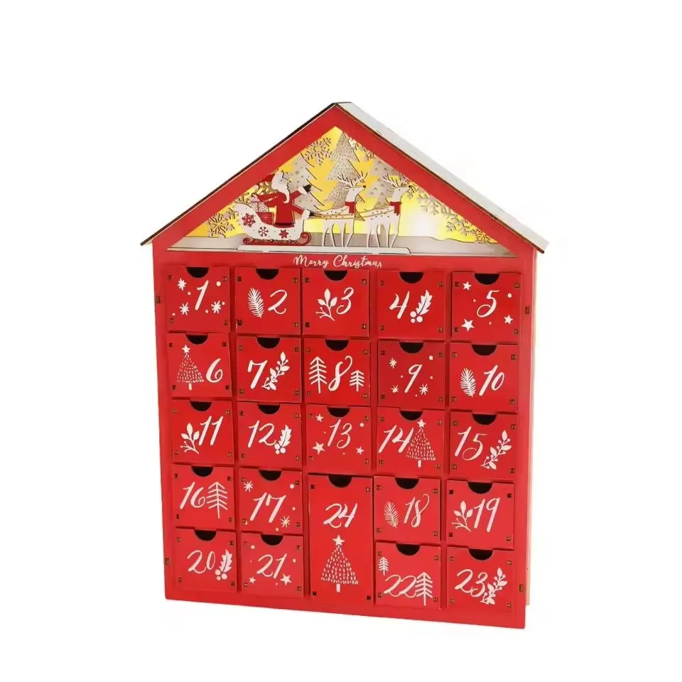 Wooden Christmas Advent Calendar – 24 Drawer Village House with LED Lights, Refillable DIY Countdown Box, Festive Holiday Decoration.