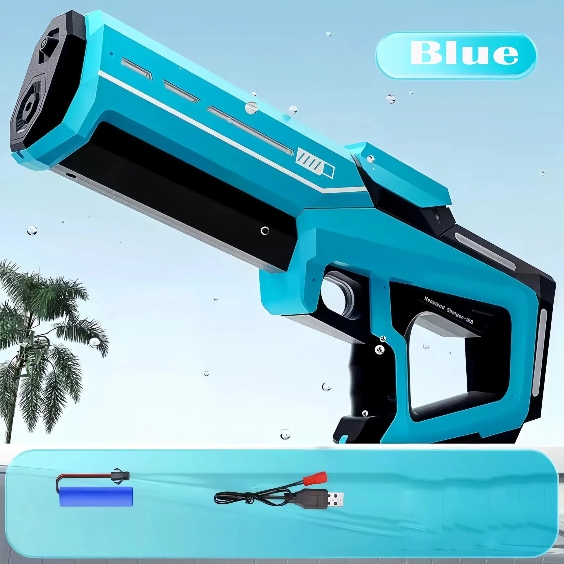 Electric water gun with rechargeable lithium battery & 8–10m range. 43cm long blaster with quick refilling, waterproof design & up to 200 shots per charge