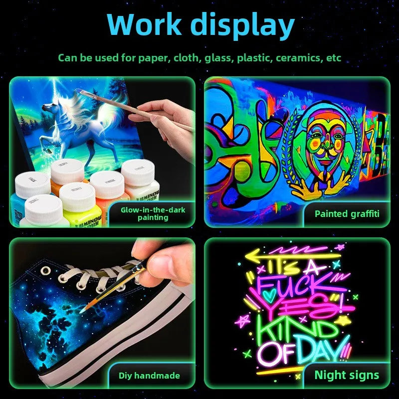 Fluorescent Glow-in-the-Dark Acrylic Paint Set for Canvas and Neon Decorations - Blacklight Art Supplies for Adults