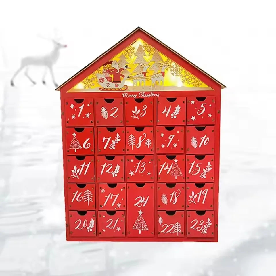 Wooden Christmas Advent Calendar – 24 Drawer Village House with LED Lights, Refillable DIY Countdown Box, Festive Holiday Decoration.