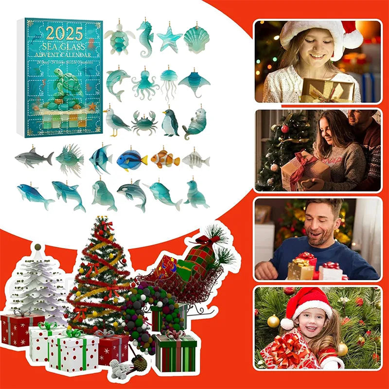 Christmas Advent Calendar – 24 Sea Glass Marine Animal Pendants | Ocean‑Inspired Countdown Gift for Marine Life Lovers, DIY Holiday Décor & Collectible Keepsake.