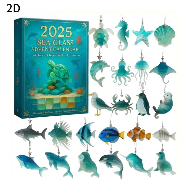 Christmas Advent Calendar – 24 Sea Glass Marine Animal Pendants | Ocean‑Inspired Countdown Gift for Marine Life Lovers, DIY Holiday Décor & Collectible Keepsake.