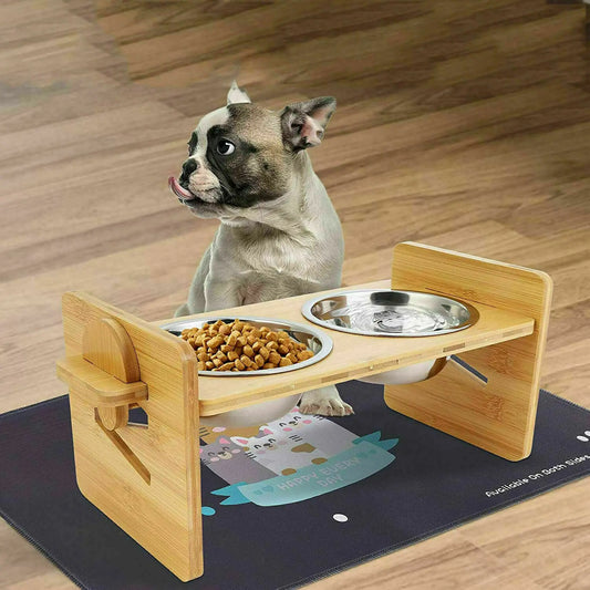 Height‑Adjustable Wooden Raised Cat Bowls – Bamboo Stand with Stainless Steel Dishes.