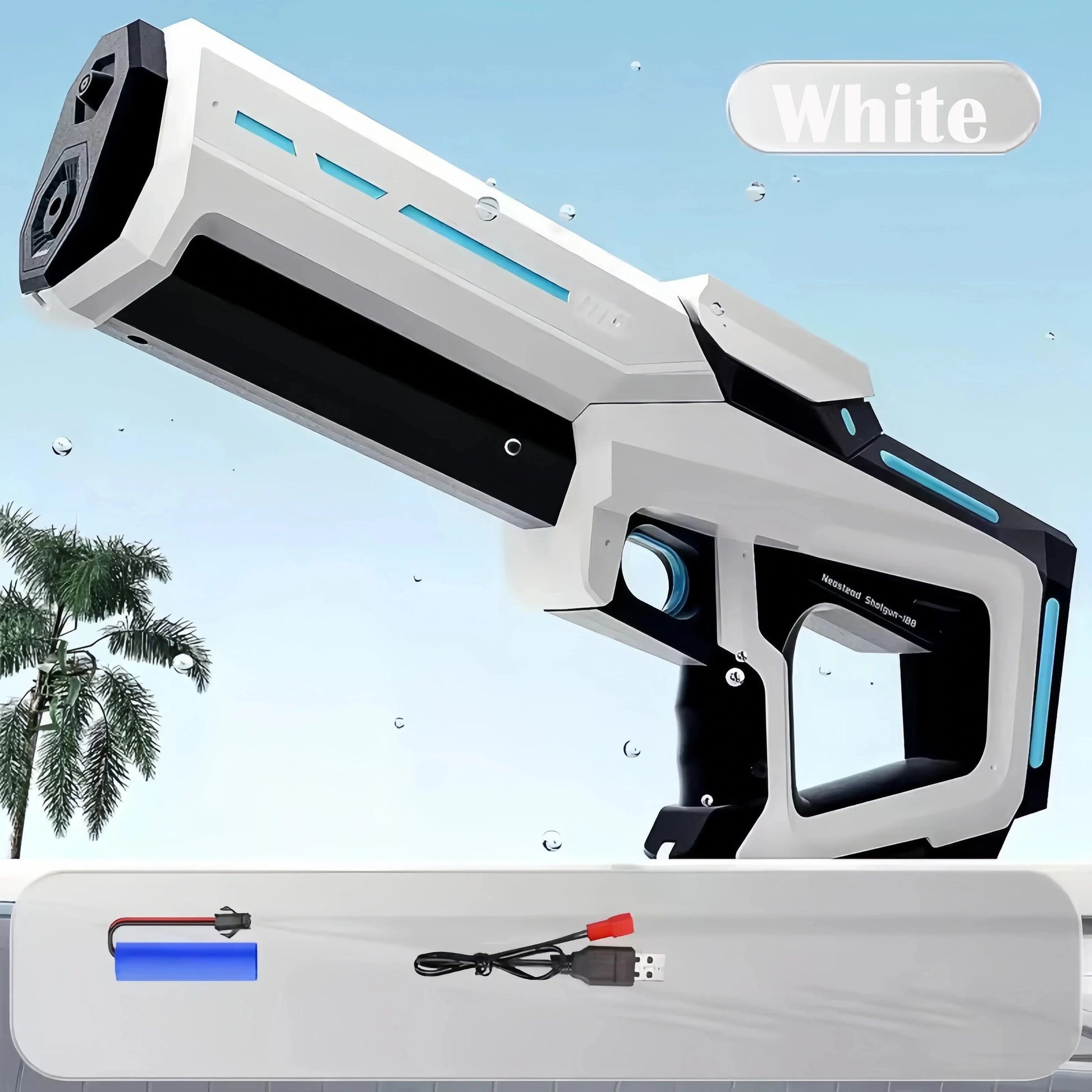 Electric water gun with rechargeable lithium battery & 8–10m range. 43cm long blaster with quick refilling, waterproof design & up to 200 shots per charge