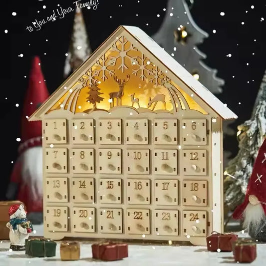 Wooden Christmas Advent Calendar – 24 Drawer Village House with LED Lights, Refillable DIY Countdown Box, Festive Holiday Decoration.