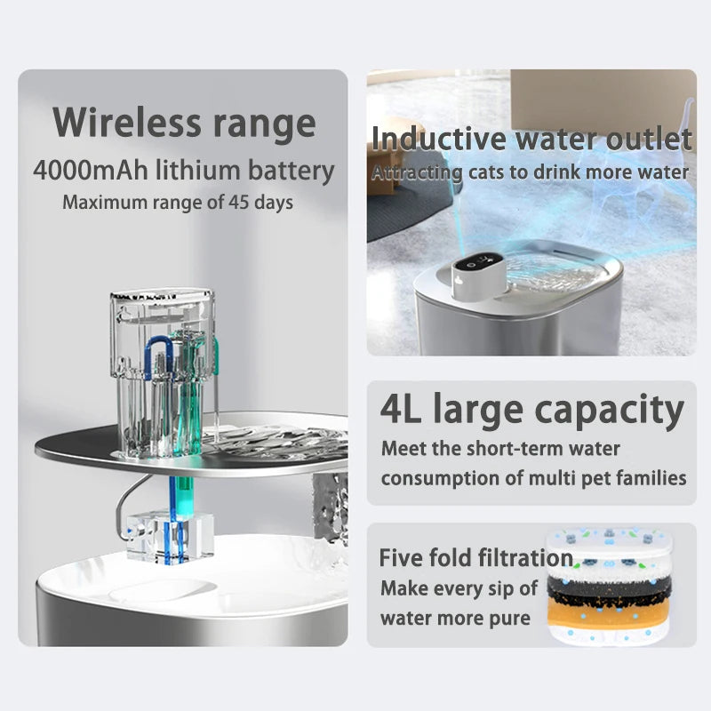 Wireless Pet Water Fountain – 4L Stainless Steel, Battery-Operated with Sensor Modes