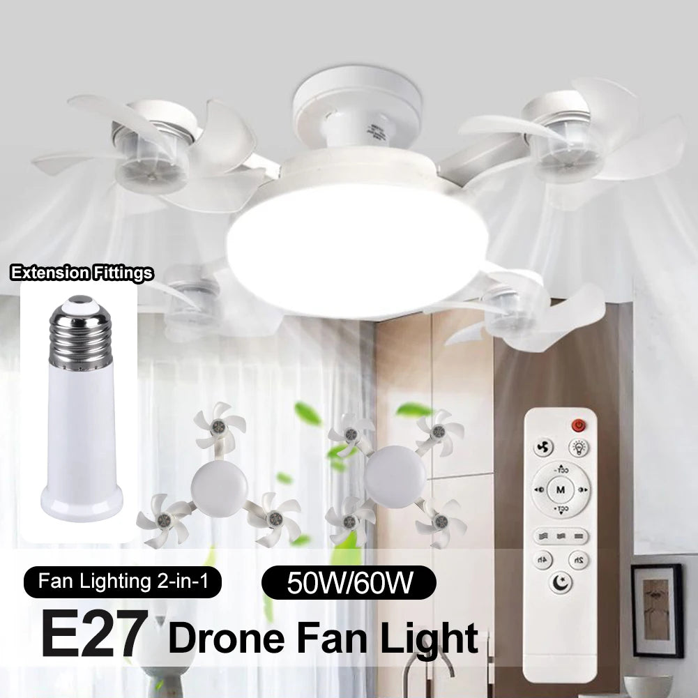 Drone Fan Light E27 Universal Dimming Fan with Remote Control for Home Living Room Bedroom Silent Ceiling Fan Light 50/60W.