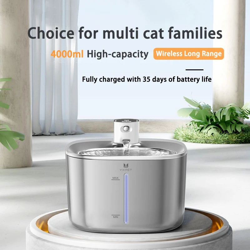 Wireless Pet Water Fountain – 4L Stainless Steel, Battery-Operated with Sensor Modes