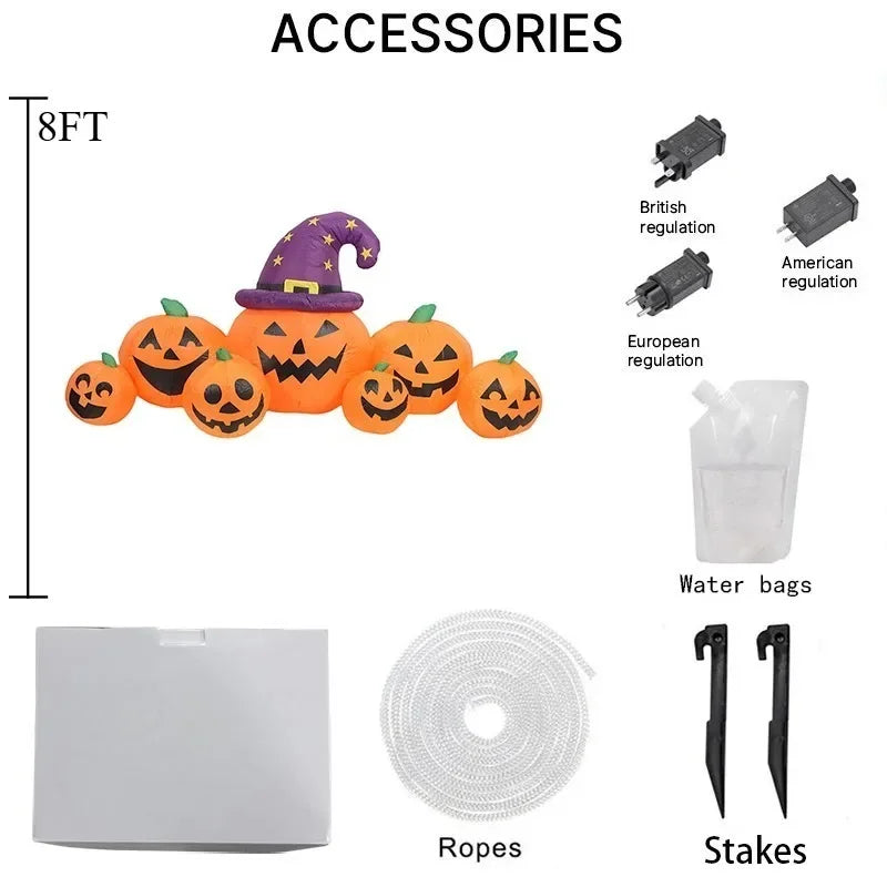 8FT Outdoor Halloween Inflatable Decoration – Pumpkin Model with LED Lights, Tombstone Prop for Garden, Yard, and Party Display