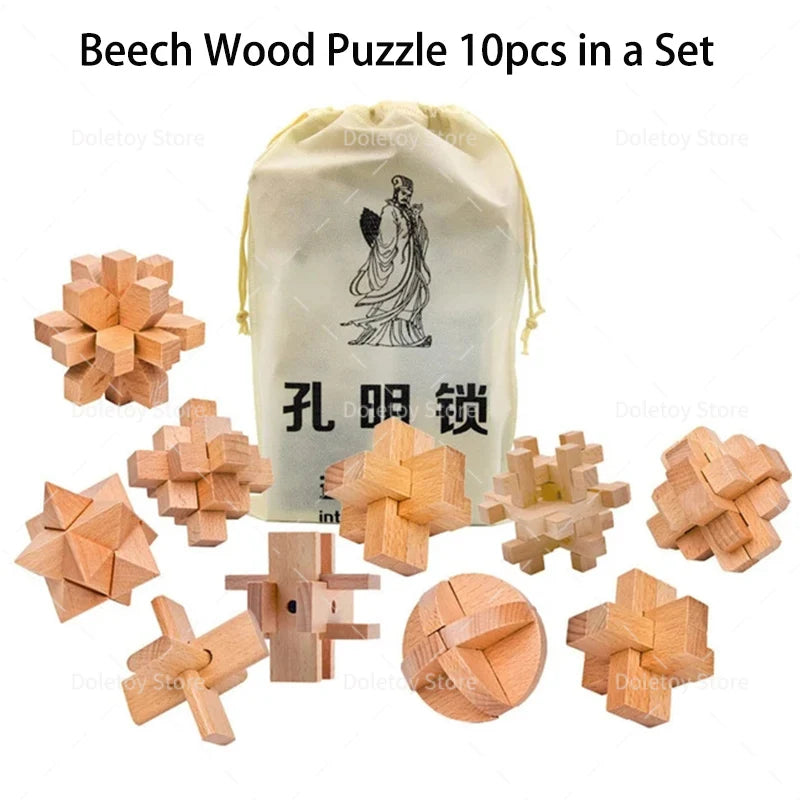 Handcrafted wooden Kong Ming puzzle set – 10 mini IQ locks