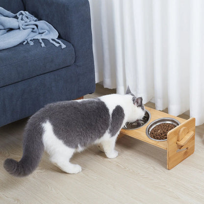 Height‑Adjustable Wooden Raised Cat Bowls – Bamboo Stand with Stainless Steel Dishes.