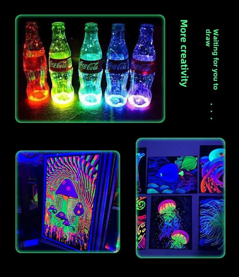 Fluorescent Glow-in-the-Dark Acrylic Paint Set for Canvas and Neon Decorations - Blacklight Art Supplies for Adults
