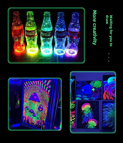 Fluorescent Glow-in-the-Dark Acrylic Paint Set for Canvas and Neon Decorations - Blacklight Art Supplies for Adults