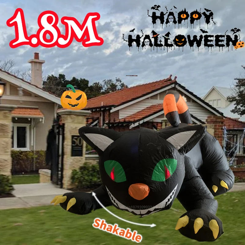 1.8M Giant Halloween Inflatable Black Cat with Shaking Head & LED Lights – Outdoor Lawn Decoration for Haunted House & Party Display