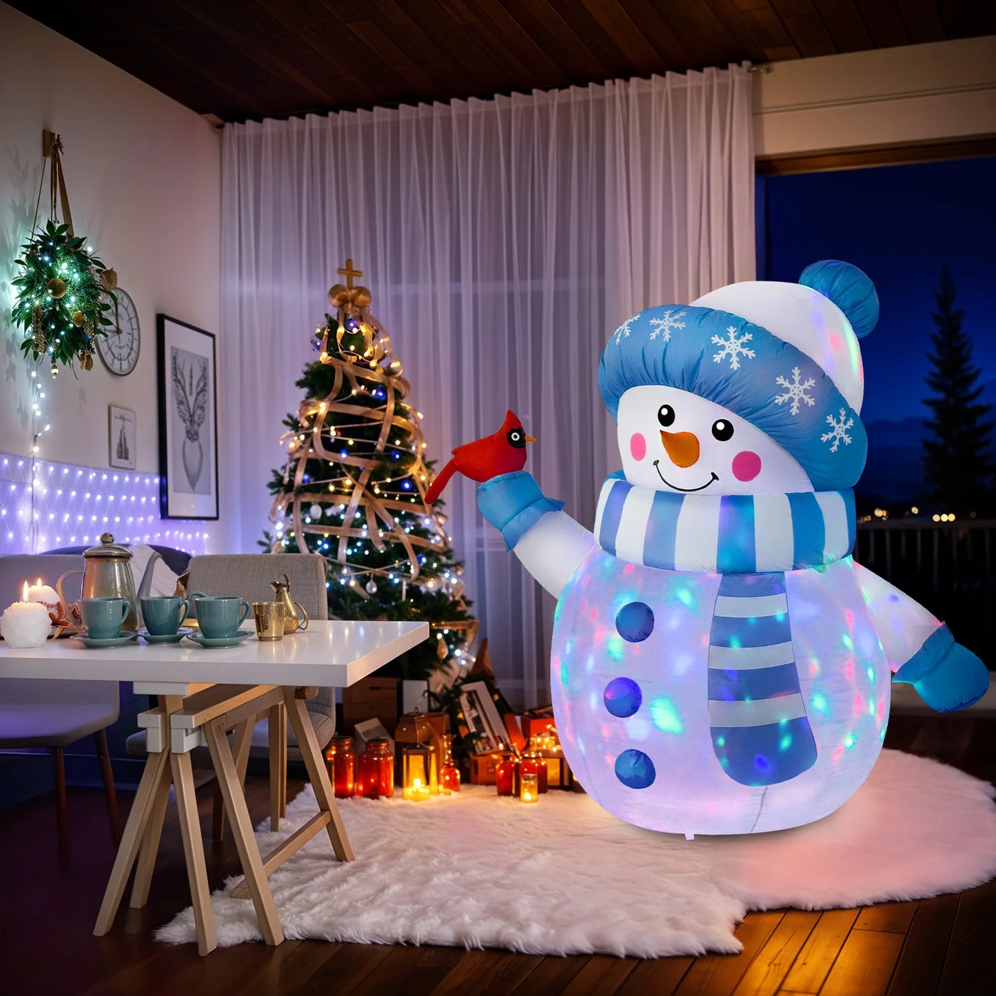 5FT Blue Snowman Christmas Inflatable – Outdoor Decoration with LED Lights & Cardinal Bird Accent.
