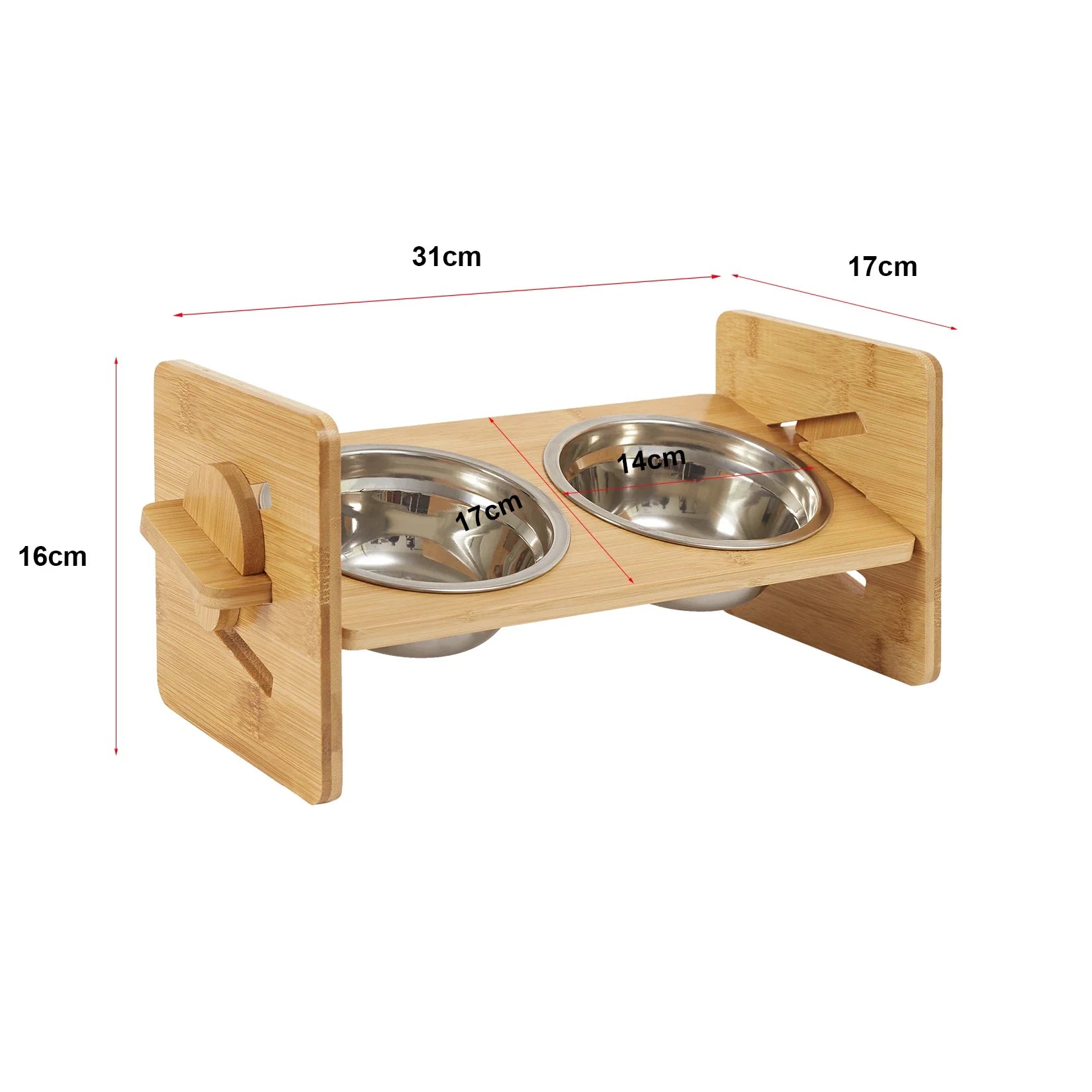 Height‑Adjustable Wooden Raised Cat Bowls – Bamboo Stand with Stainless Steel Dishes.