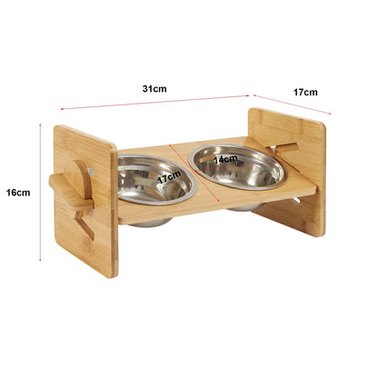 Height‑Adjustable Wooden Raised Cat Bowls – Bamboo Stand with Stainless Steel Dishes.