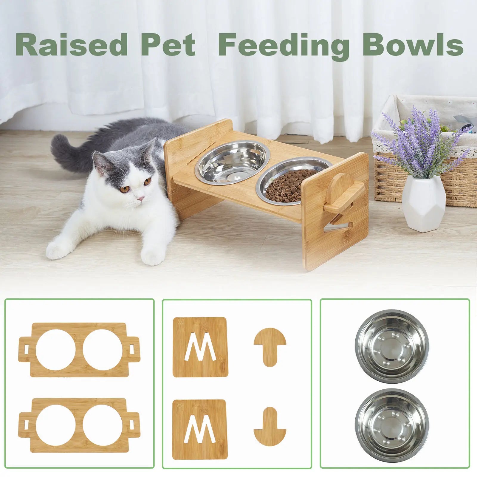 Height‑Adjustable Wooden Raised Cat Bowls – Bamboo Stand with Stainless Steel Dishes.