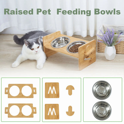 Height‑Adjustable Wooden Raised Cat Bowls – Bamboo Stand with Stainless Steel Dishes.