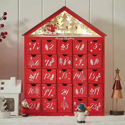 Wooden Christmas Advent Calendar – 24 Drawer Village House with LED Lights, Refillable DIY Countdown Box, Festive Holiday Decoration.