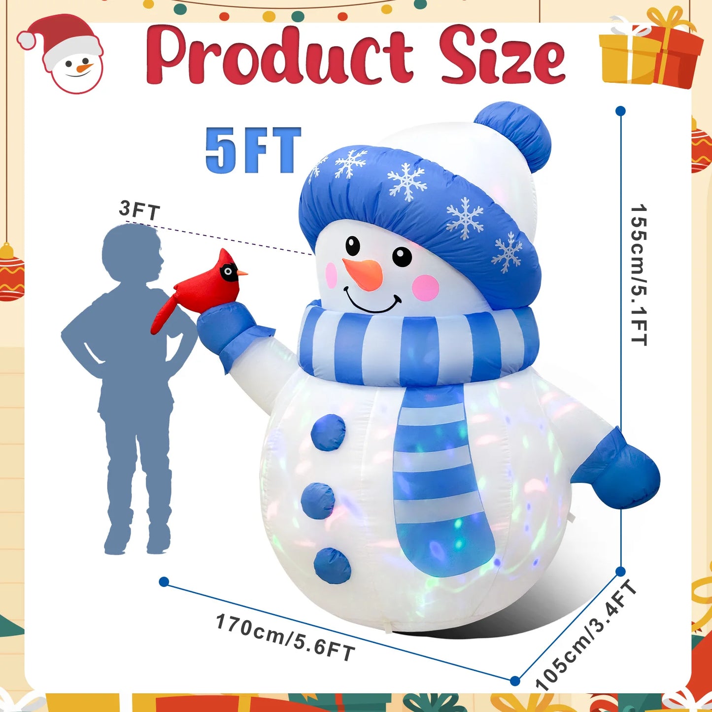 5FT Blue Snowman Christmas Inflatable – Outdoor Decoration with LED Lights & Cardinal Bird Accent.