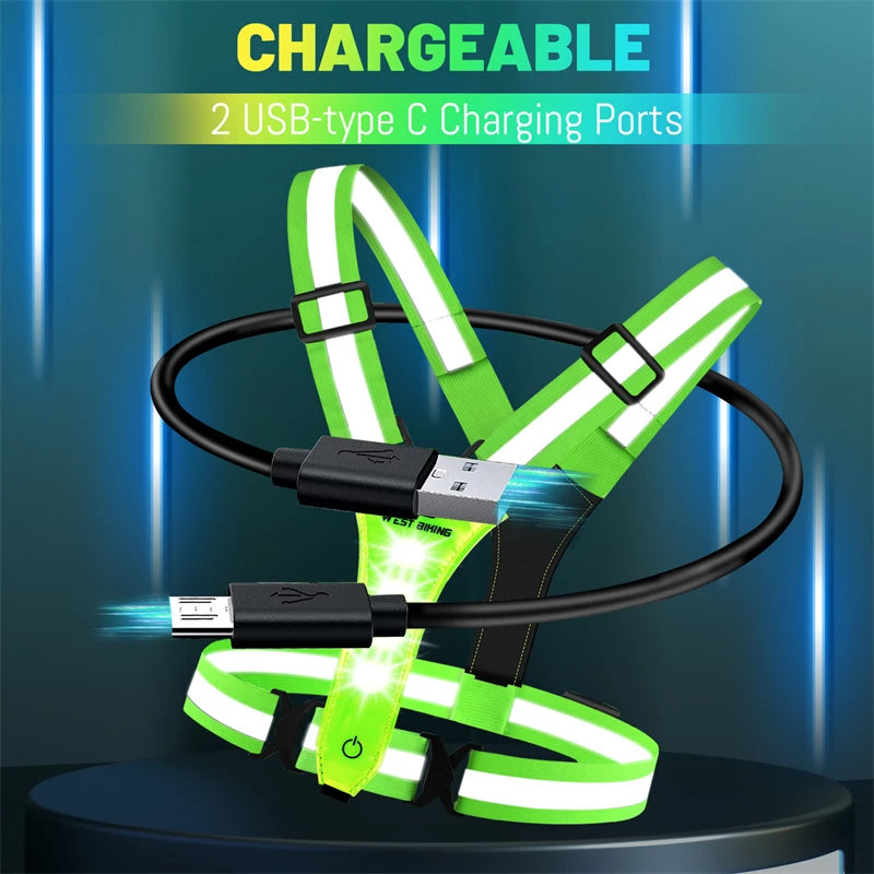 USB Rechargeable Reflective LED Safety Vest – 360° Visibility for Running, Cycling, and Outdoor Work.