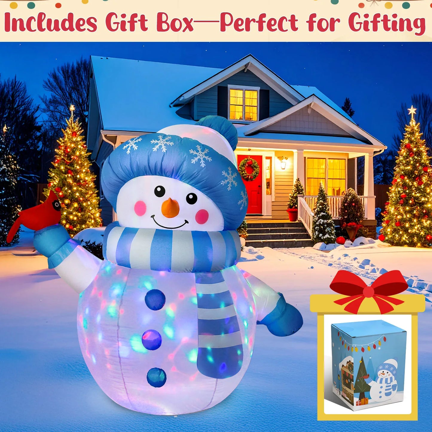 5FT Blue Snowman Christmas Inflatable – Outdoor Decoration with LED Lights & Cardinal Bird Accent.