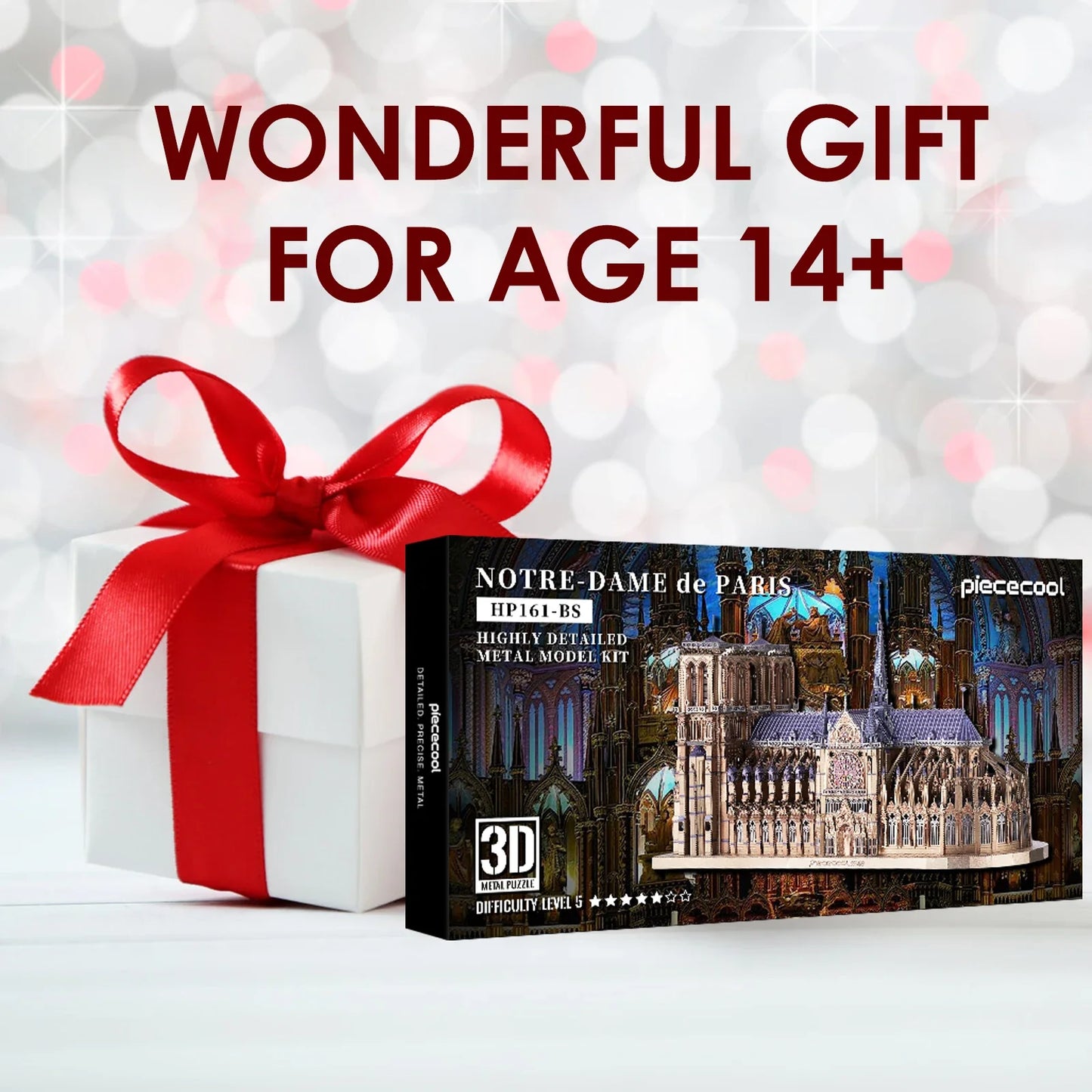 Piececool 3D metal puzzle of Notre Dame Cathedral Paris, DIY assembly for ages 14+.