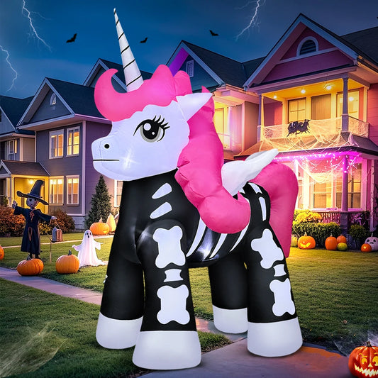KOOY 5 FT Halloween Inflatable Decoration, Built in LED Lights Blow up Pink Skeleton Unicorn with Wings Decorations