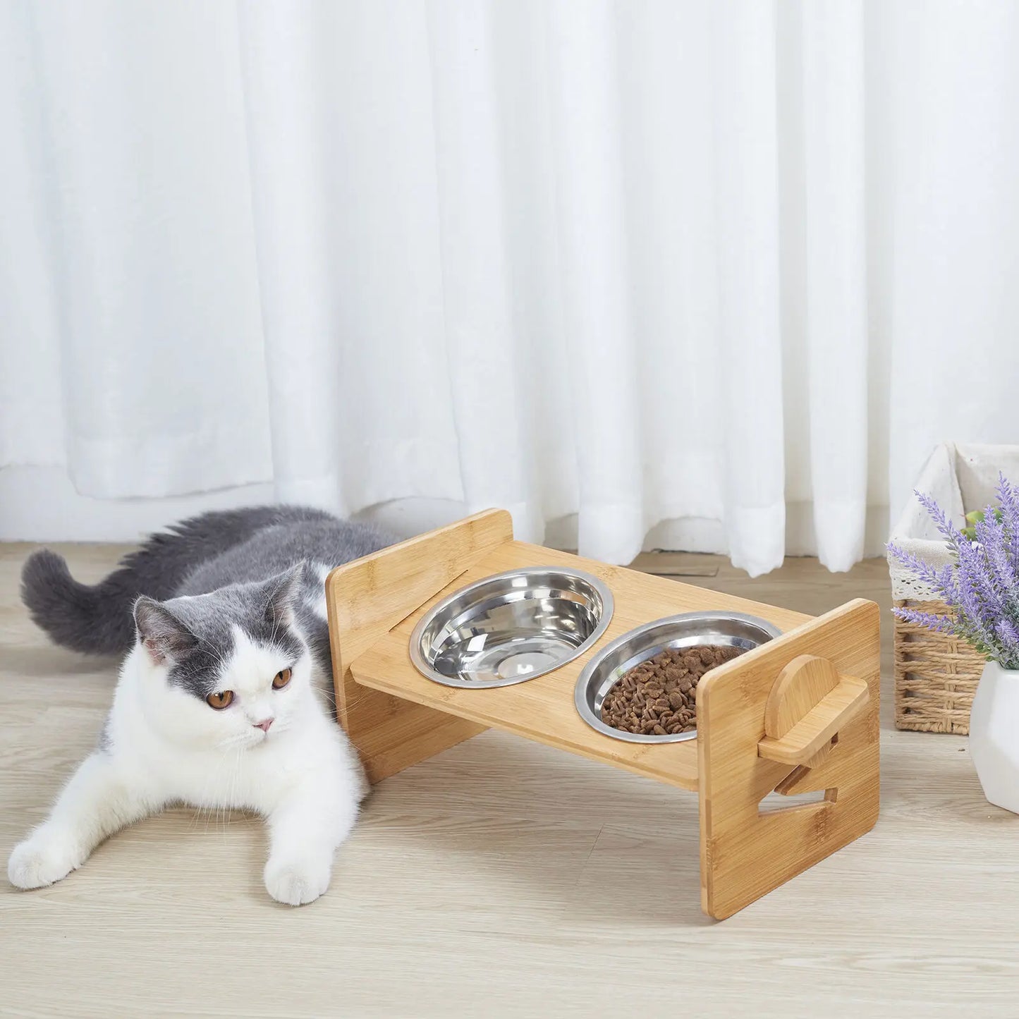 Height‑Adjustable Wooden Raised Cat Bowls – Bamboo Stand with Stainless Steel Dishes.