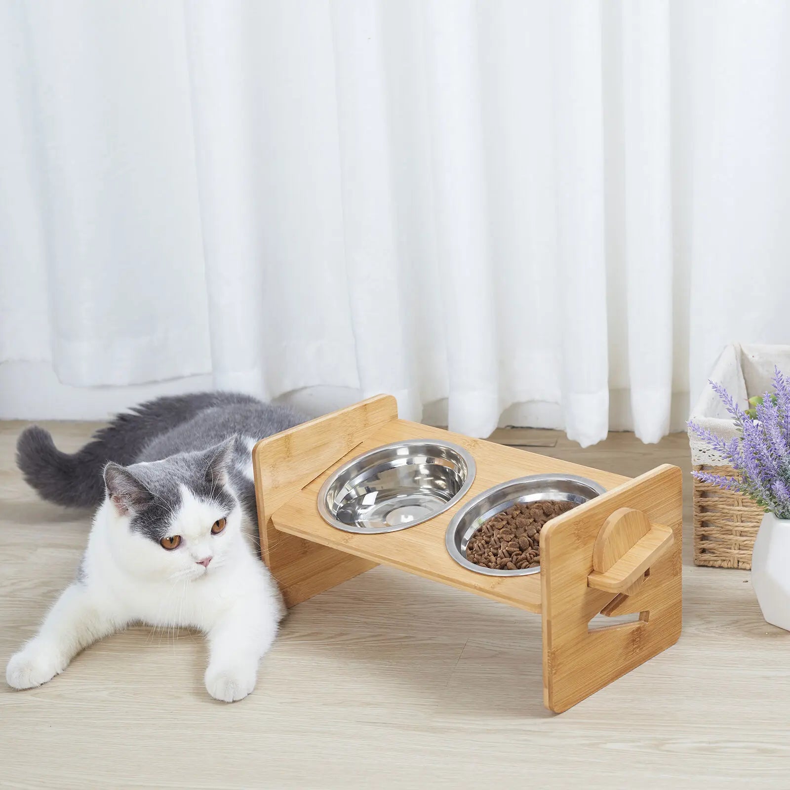 Height‑Adjustable Wooden Raised Cat Bowls – Bamboo Stand with Stainless Steel Dishes.